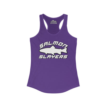 A turquoise slim fit tank-top with a racerback cut features the words "Salmon Slayers" in bold white and black letters. An illustration of a salmon fish is showcased between the words. The high-quality print ensures durability, while the brand "Upstream" is marked at the neckline. This product is the Salmon Slayers - Sport - Women's Racerback Tank Top.