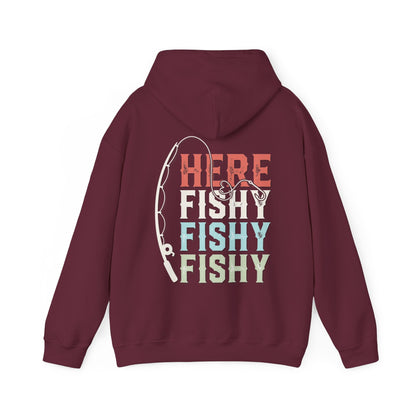 Fun fishing-themed hoodie with "Here Fishy, Fishy, Fishy" print, cotton/poly blend.