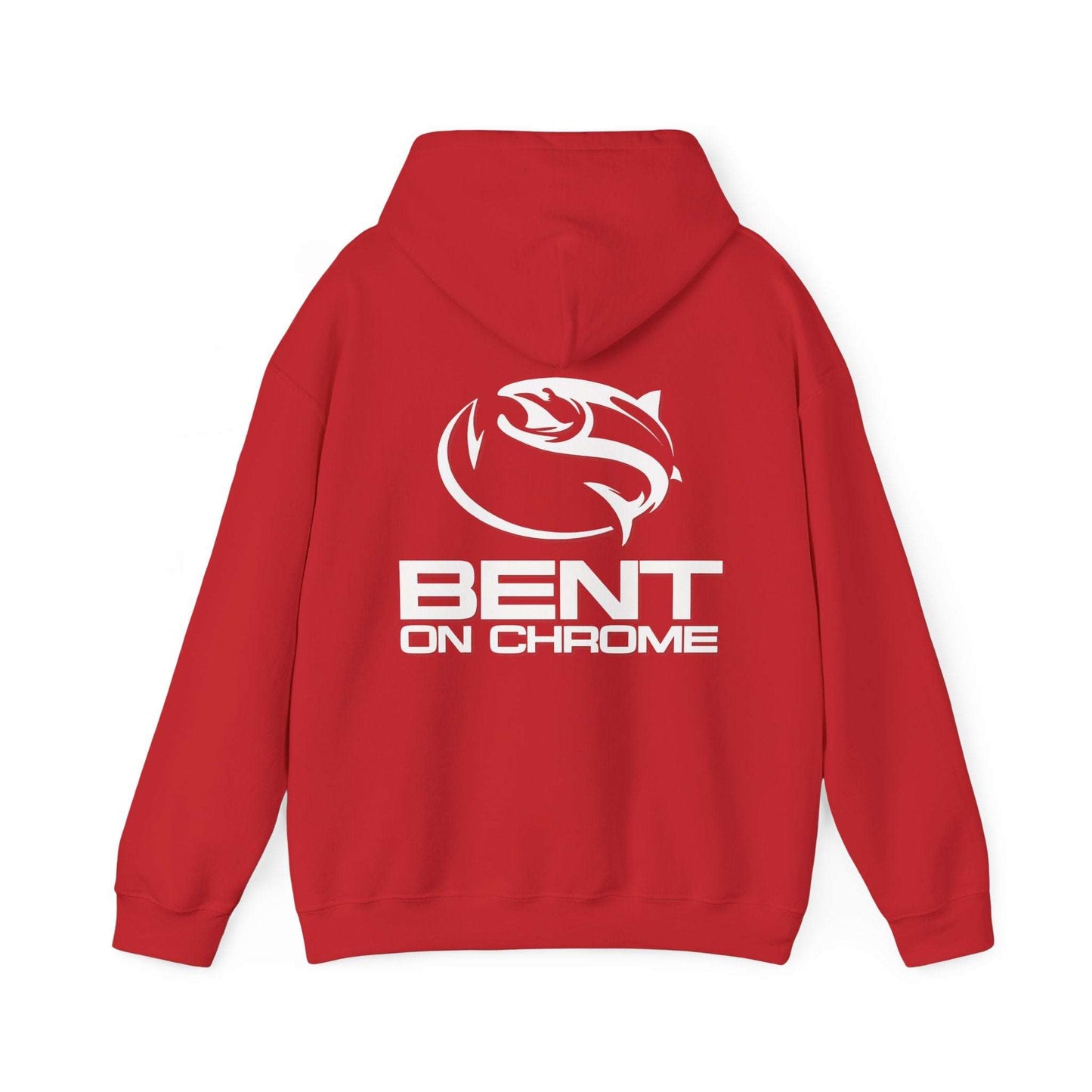 Back view of the unisex Bent On Chrome Pull Over Hoodie – Original Logo – Cotton/Poly Blend, featuring a large white graphic. The design showcases an abstract, stylized shark above the text "BENT ON CHROME" in bold, capital letters. Perfect for any fishing enthusiast, the hoodie has a hood and long sleeves.