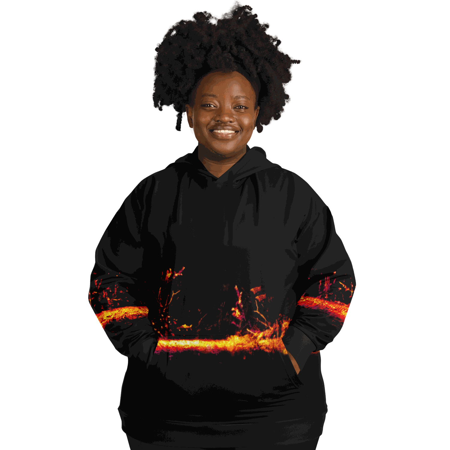 A person is smiling while wearing the Sonar Live Plus-size Hoodie, which showcases a fiery design across the middle. The tri-blend fabric offers both comfort and style in a plus-size fit, with a plain black background that highlights the hoodie’s vibrant colors.