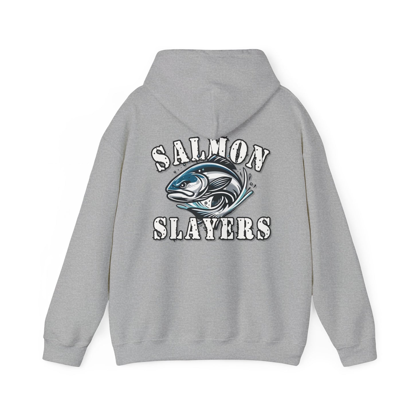 A Salmon Slayers - Fierce Flash - Cotton/Poly Blend Hoodie featuring a graphic of a salmon in mid-swim, with water splashes around it, and the text "Salmon Slayers" printed above and below the fish in bold, white letters with a distressed texture. Crafted from ethically grown US cotton for ultimate comfort.