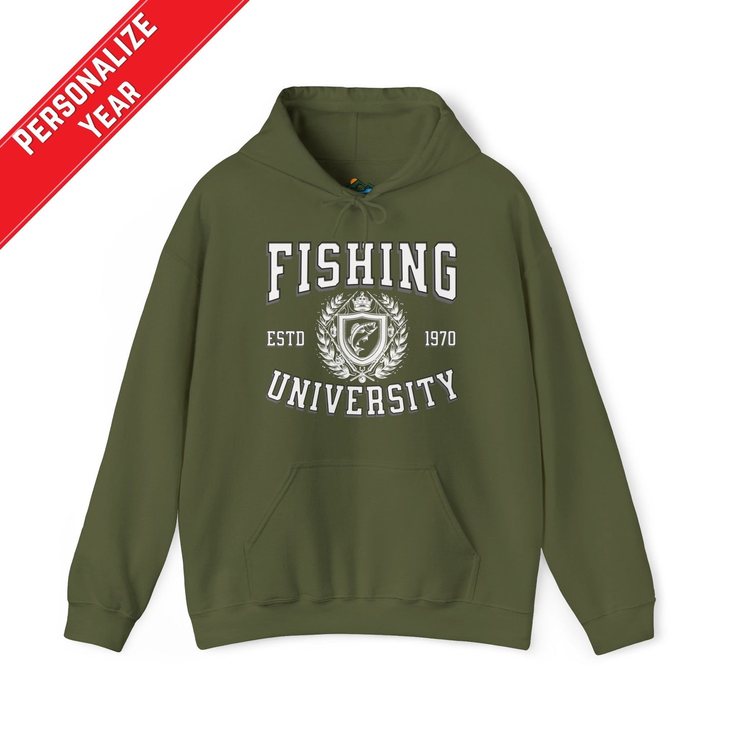 A green **Fishing University - Cotton/Poly Blend Hoodie - 7 Colors** with "Fishing University" printed in white letters on the front. The design includes "ESTD 1970" and a crest with a fish image. A red banner in the top left corner says "PERSONALIZE YEAR." This personalized hoodie features a front pocket and drawstrings.