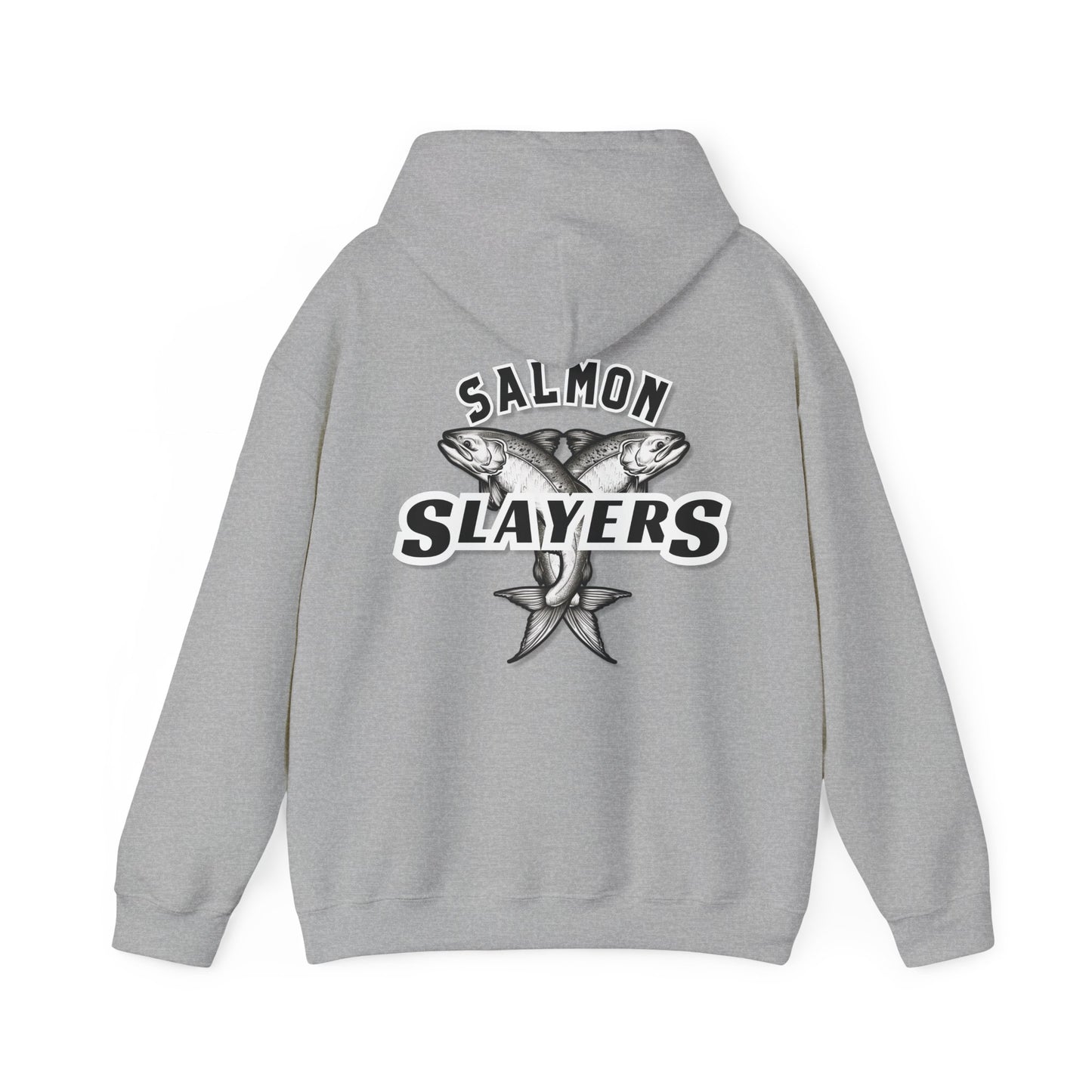 A black Salmon Slayers - Twin Salmon Logo - Cotton/Poly Blend Hoodie with the text "Salmon Slayers" on the back. The text is stylized with a Twin Salmon Logo featuring two intersecting salmon fish positioned above the word "Slayers." Made from ethically grown cotton, it has a front pocket and a drawstring hood.