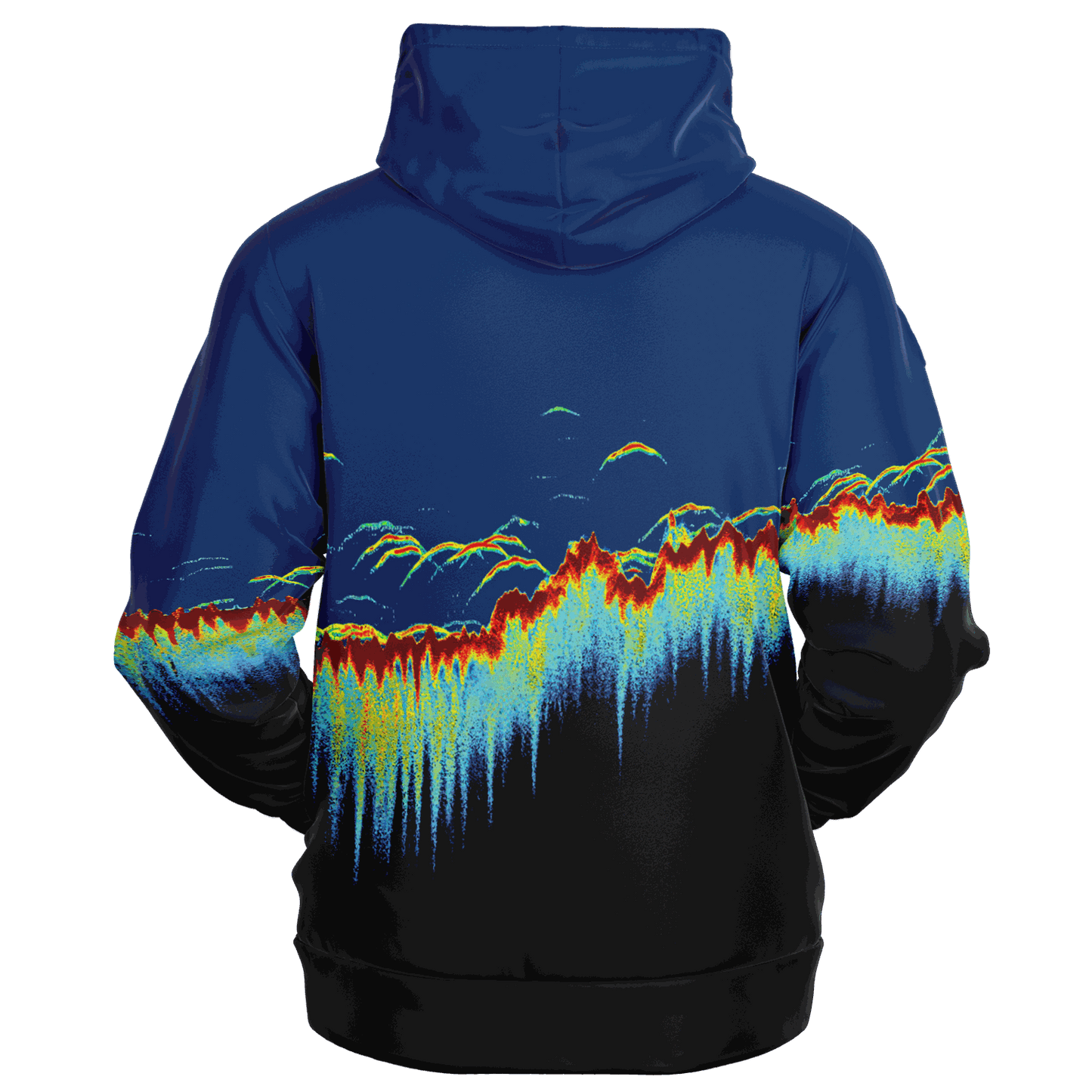 Introducing the Sonar Scan Zip-Up Hoodie, a standout addition to any fishing wardrobe. This hoodie features a vibrant abstract design reminiscent of sonar precision, with colorful lines and shapes forming a soundwave pattern. The hues of blue, red, yellow, and green pop against the dark background.