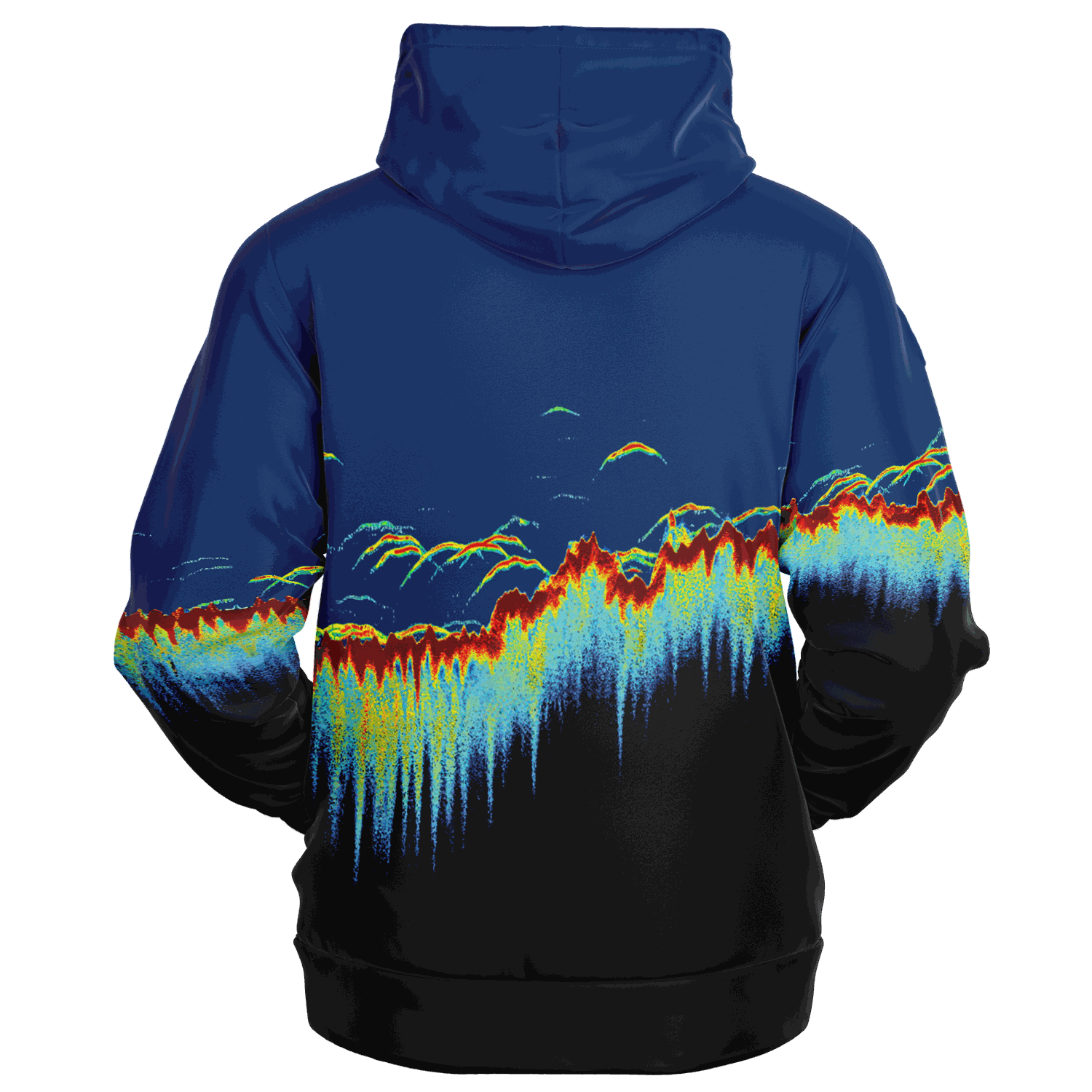 Introducing the Sonar Scan Zip-Up Hoodie, a standout addition to any fishing wardrobe. This hoodie features a vibrant abstract design reminiscent of sonar precision, with colorful lines and shapes forming a soundwave pattern. The hues of blue, red, yellow, and green pop against the dark background.