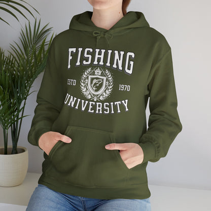 A green **Fishing University - Cotton/Poly Blend Hoodie - 7 Colors** with "Fishing University" printed in white letters on the front. The design includes "ESTD 1970" and a crest with a fish image. A red banner in the top left corner says "PERSONALIZE YEAR." This personalized hoodie features a front pocket and drawstrings.