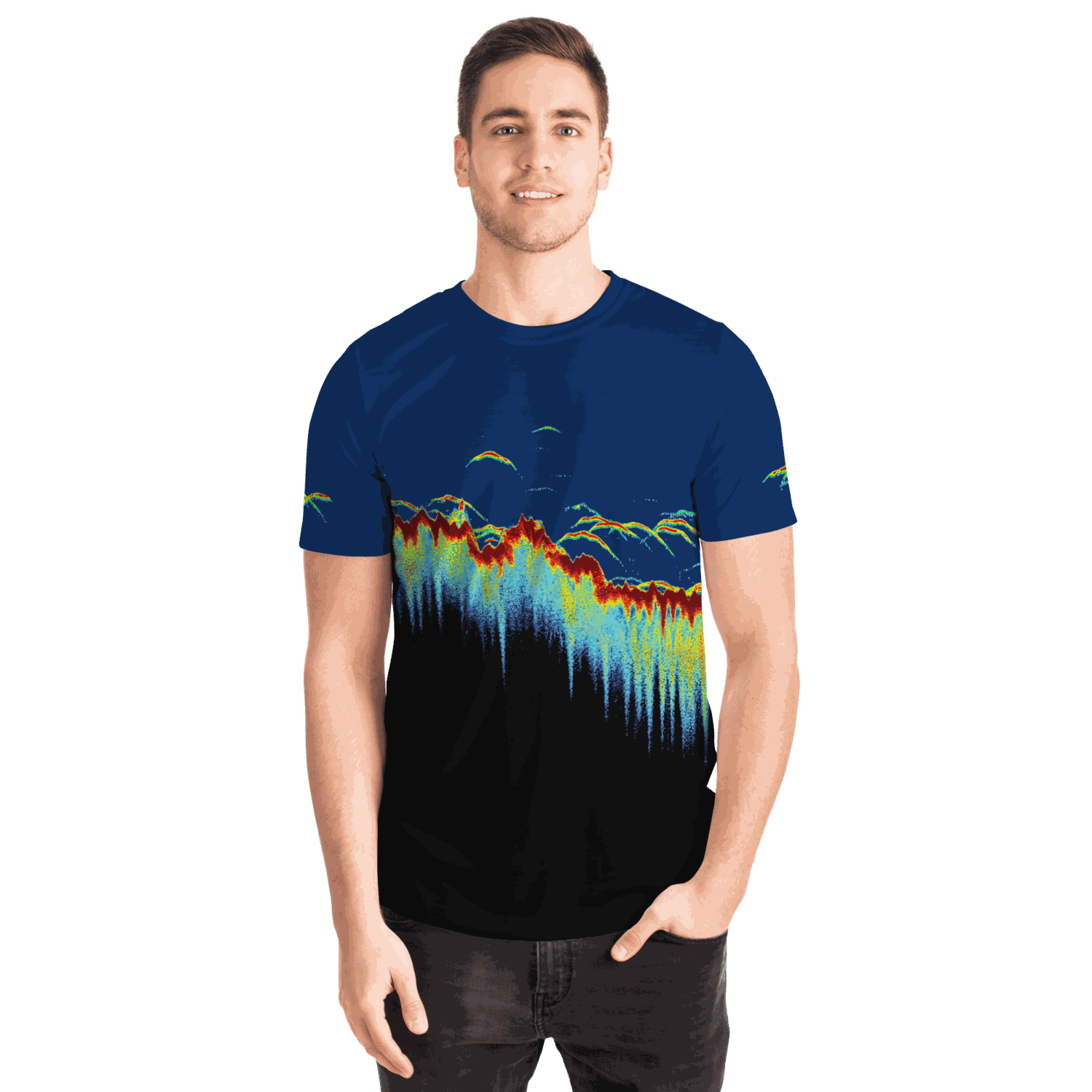 Sonar Scan Short Sleeve T-shirt with vibrant sonar screen pattern, unisex regular fit.