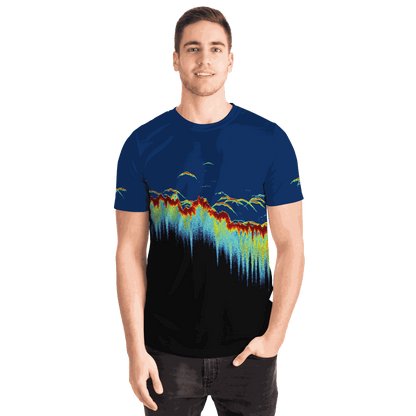 Sonar Scan Short Sleeve T-shirt with vibrant sonar screen pattern, unisex regular fit.