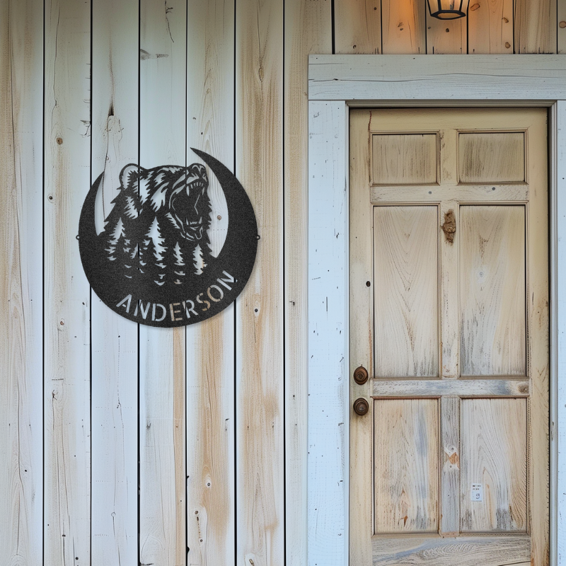 Roaring Bear Monogram customizable laser-cut steel sign on wooden wall.