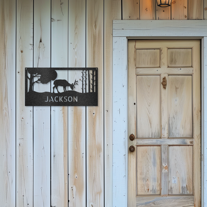 Customizable laser-cut steel sign with grazing deer monogram displayed next to a wooden door.