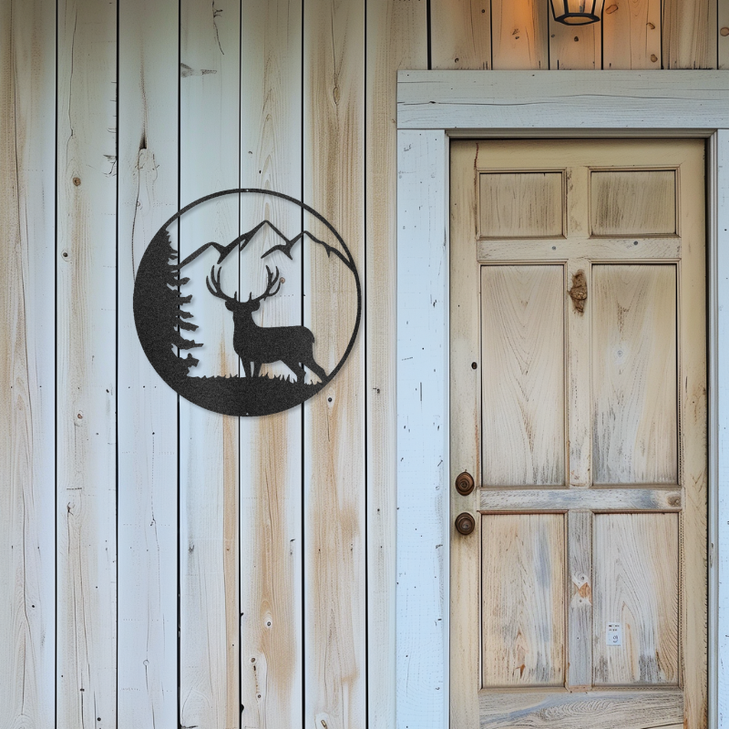 Graceful Deer laser-cut steel sign on wooden wall near vintage door, showcasing elegant nature-inspired decor.