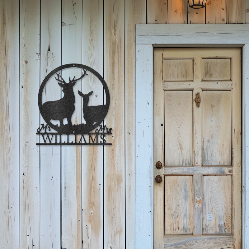 Customizable laser-cut steel sign featuring stag and doe with family name, ideal for nature lovers.