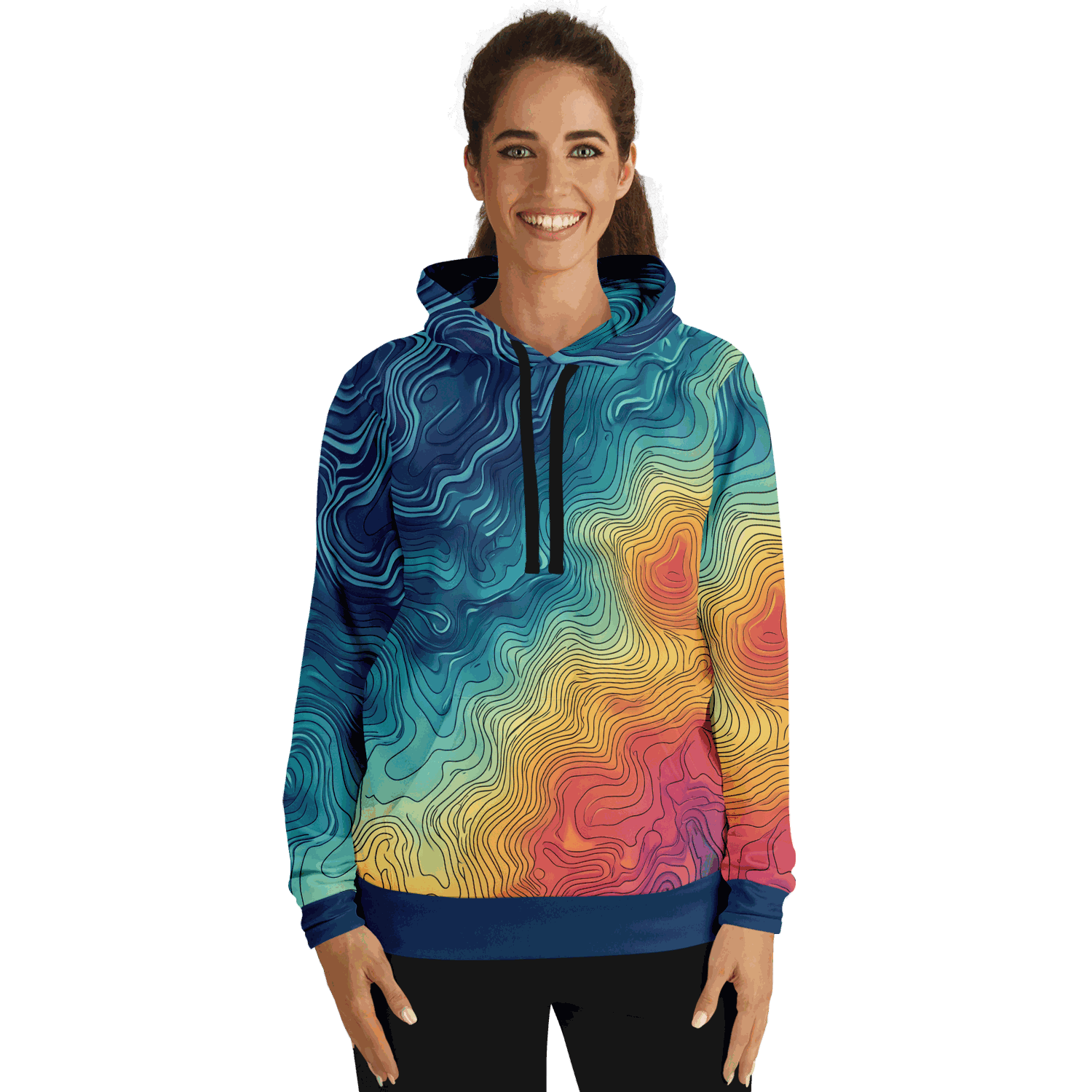 The Depth Explorer Pull Over Hoodie - Tri-Blend features a vibrant array of intricate, wavy line patterns in shades of blue, green, yellow, and red. These designs mimic underwater contours on a topographic map, giving the garment a textured and flowing look throughout. The ensemble includes the hood up and hands tucked into the front pocket.