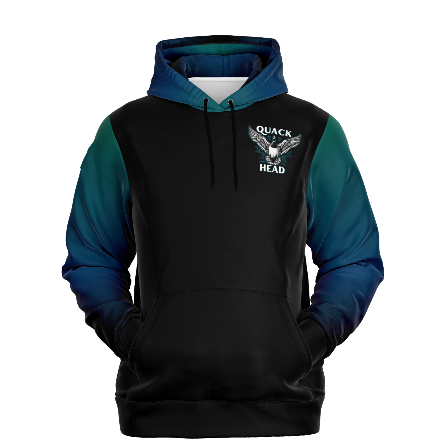 The Duck Hunt Gradient Hoodie is a unisex fleece featuring a black body with blue gradient sleeves, ideal for waterfowl hunting apparel fans. It showcases an embroidered eagle on the chest accompanied by the text "QUACK HEAD" and includes a front pocket and drawstring hood for maximum comfort.