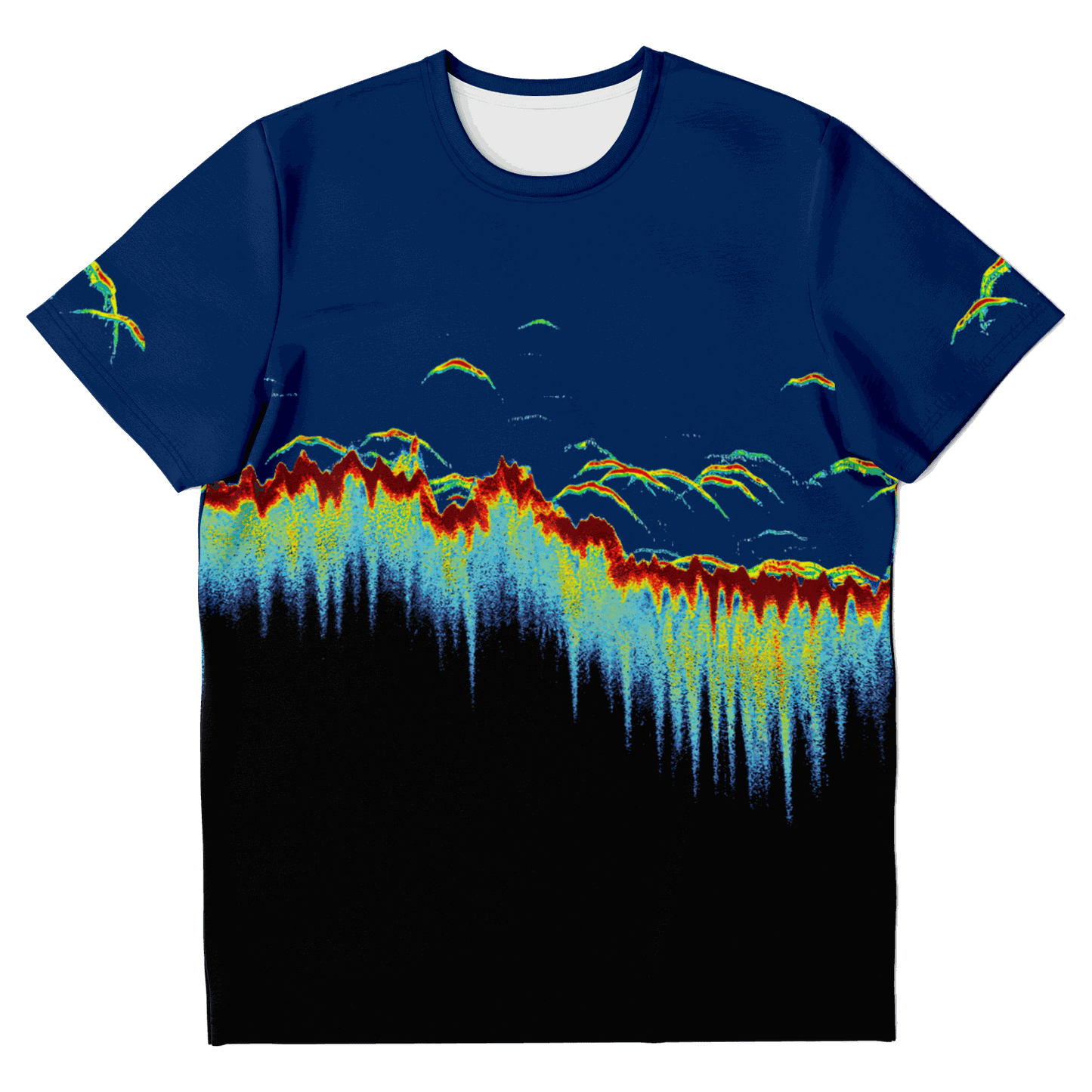 Sonar Scan Short Sleeve T-shirt with vibrant sonar screen pattern.