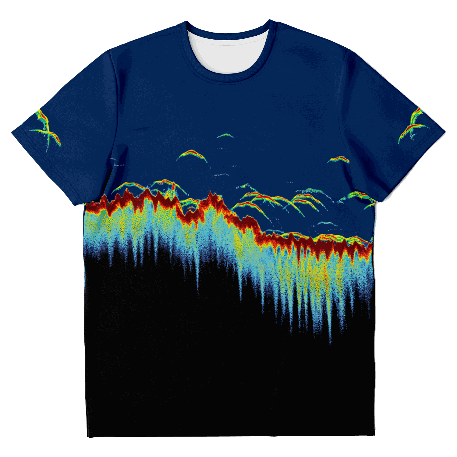 Sonar Scan Short Sleeve T-shirt with vibrant sonar screen pattern.