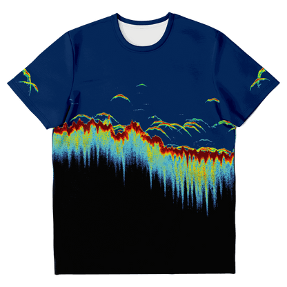 Sonar Scan Short Sleeve T-shirt with vibrant sonar screen pattern.