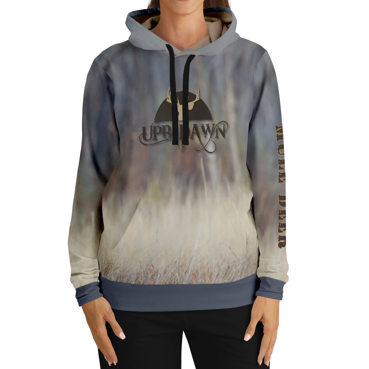 A hoodie with a nature-inspired design, featuring a gradient of earthy tones from top to bottom, transitioning from dark brown and blue to light beige and cream. The center displays an "UPB4DAWN" logo with stylized antlers. The right sleeve has "COMPANY" printed vertically, perfect for any Majestic Mule Deer - Tri-Blend Hoodie enthusiast.