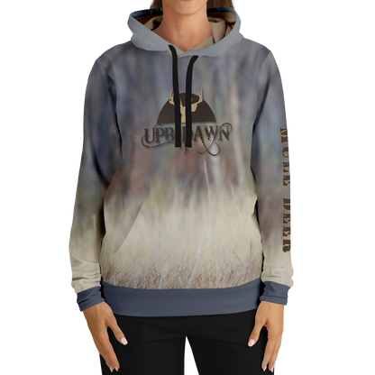 A hoodie with a nature-inspired design, featuring a gradient of earthy tones from top to bottom, transitioning from dark brown and blue to light beige and cream. The center displays an "UPB4DAWN" logo with stylized antlers. The right sleeve has "COMPANY" printed vertically, perfect for any Majestic Mule Deer - Tri-Blend Hoodie enthusiast.