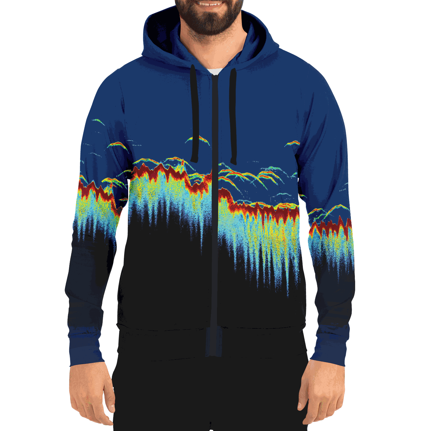 Sonar Scan Zip-Up Hoodie with vibrant sonar screen pattern, front pocket, and drawstring hood.