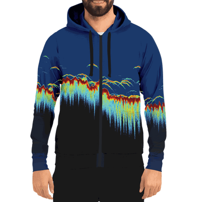 Sonar Scan Zip-Up Hoodie with vibrant sonar screen pattern, front pocket, and drawstring hood.