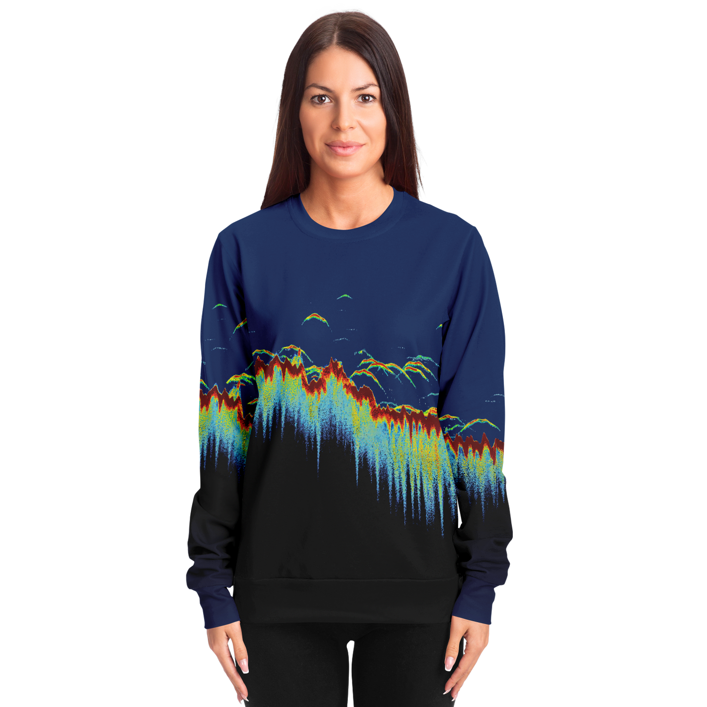 Sonar Scan Sweatshirt with vibrant sonar pattern, worn by model.