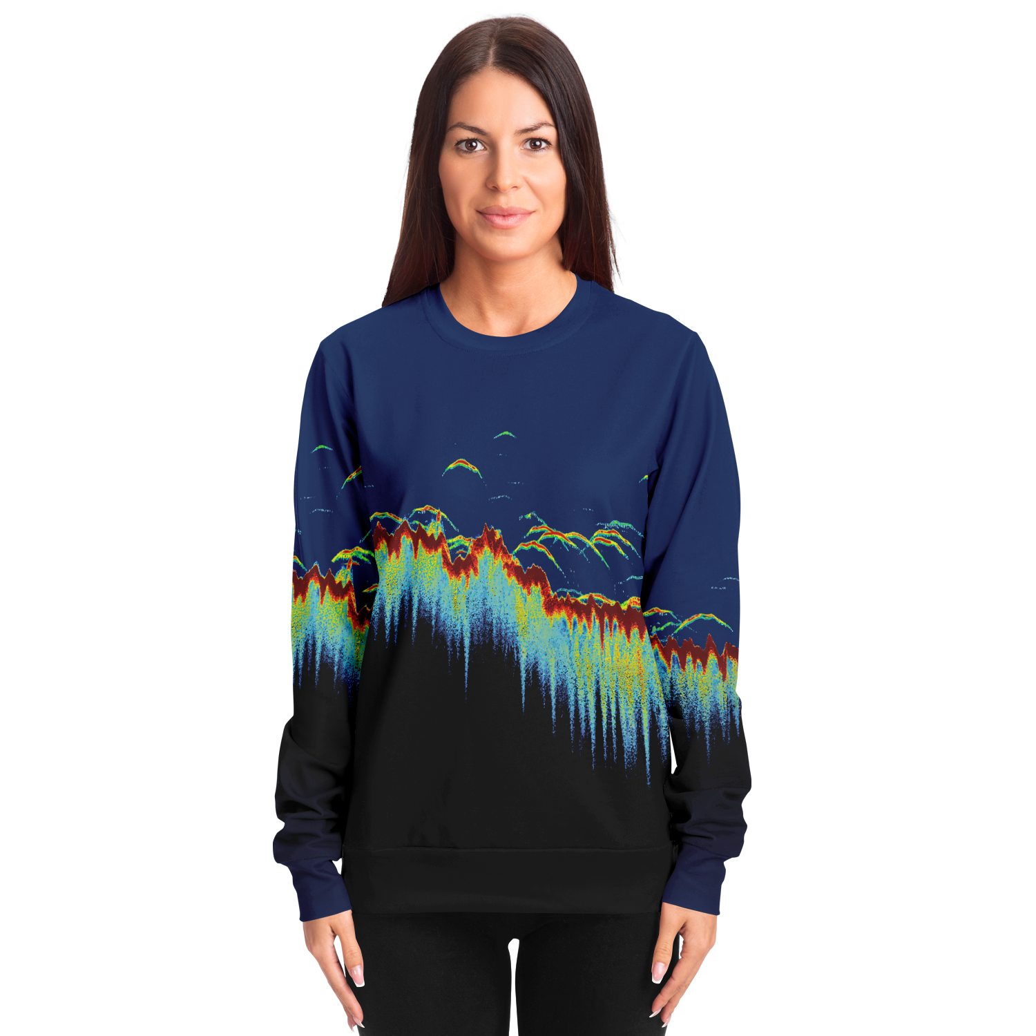 Sonar Scan Sweatshirt with vibrant sonar pattern, worn by model.