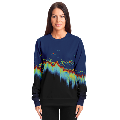 Sonar Scan Sweatshirt with vibrant sonar pattern, worn by model.