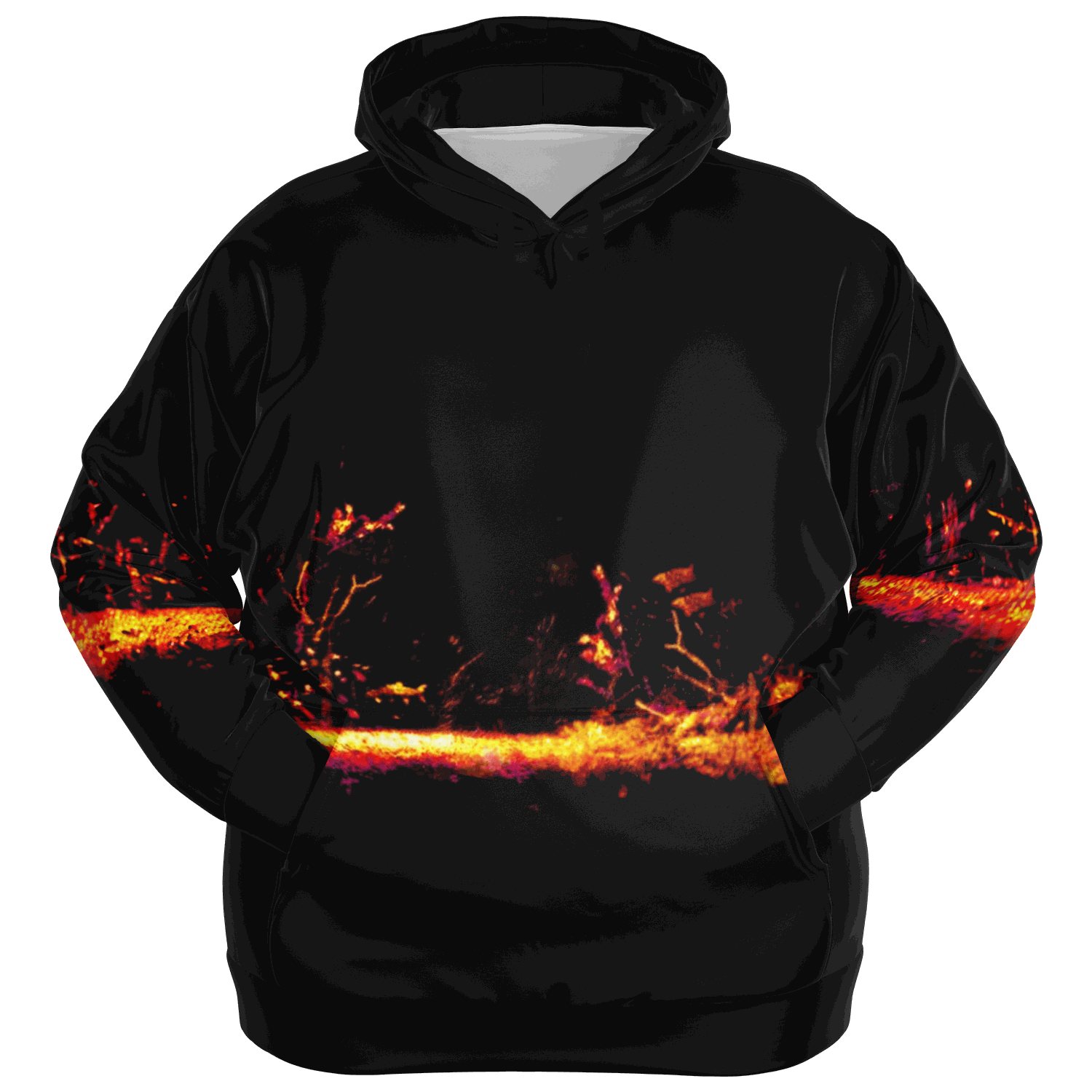 The Sonar Live Plus-size Hoodie showcases a bold flame-like abstract design in vibrant orange and red on the chest and sleeves. Its tri-blend fabric offers both comfort and style, complementing the dark base perfectly, making it ideal for a plus-size fit.