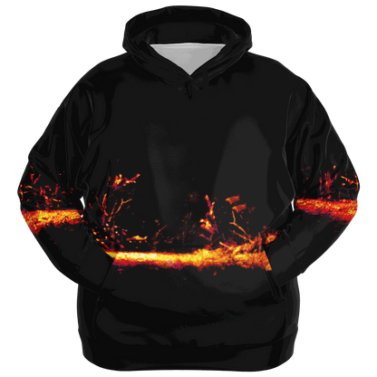 The Sonar Live Plus-size Hoodie showcases a bold flame-like abstract design in vibrant orange and red on the chest and sleeves. Its tri-blend fabric offers both comfort and style, complementing the dark base perfectly, making it ideal for a plus-size fit.