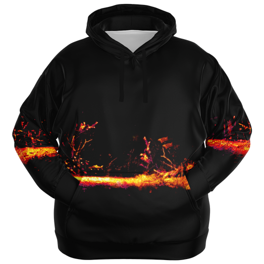 The Sonar Live Plus-size Hoodie showcases a bold flame-like abstract design in vibrant orange and red on the chest and sleeves. Its tri-blend fabric offers both comfort and style, complementing the dark base perfectly, making it ideal for a plus-size fit.