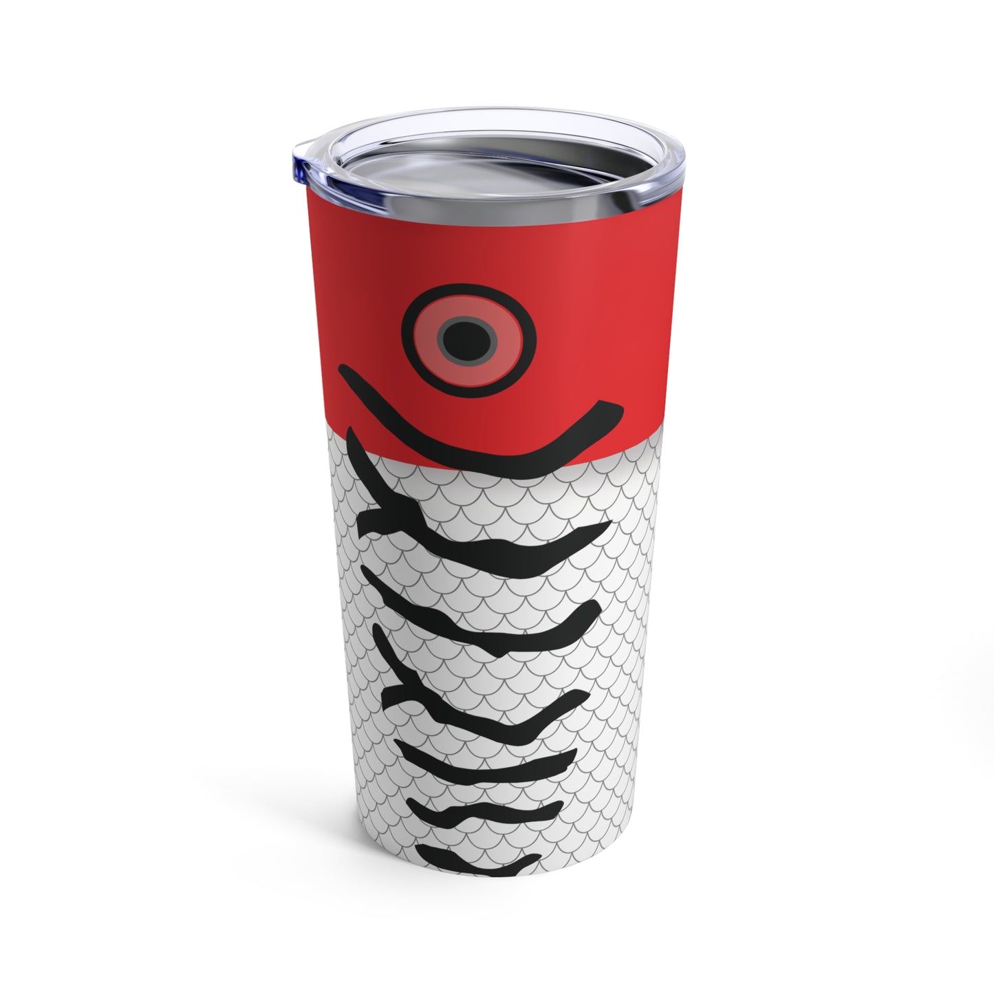 Introducing the "Lure - Red & White - Printed Tumbler - 20oz": a tall, cylindrical tumbler with a lid. Crafted from stainless steel with double-wall insulation, this tumbler resembles a fish, featuring a red top with a black eye and a white bottom decorated with black scales and curved lines that mimic the body and tail.