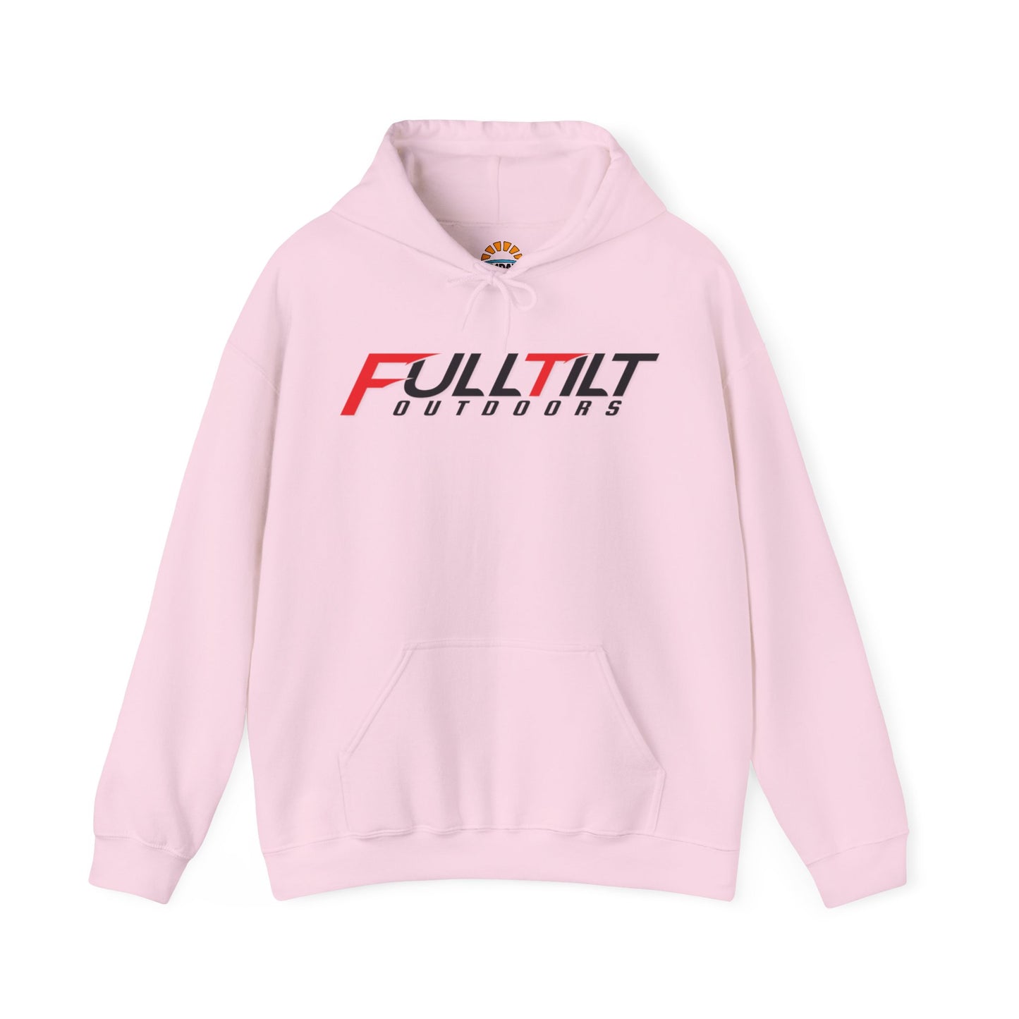 Gray Full Tilt Outdoors - Angry Eagle - Cotton/Poly Blend Hoodie with "fulltilt outdoors" printed in black and red letters on the front, featuring a drawstring hood and a plain back.