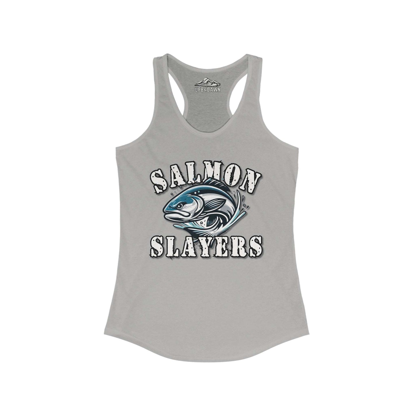 A purple "Salmon Slayers - Fierce Flash - Women's Racerback Tank Top" with the words "Salmon Slayers" printed in white on the front, accompanied by an illustration of a salmon fish. The extra light fabric and racerback cut ensure comfort, while the brand name "Up & Dawn" is visible at the inside back.