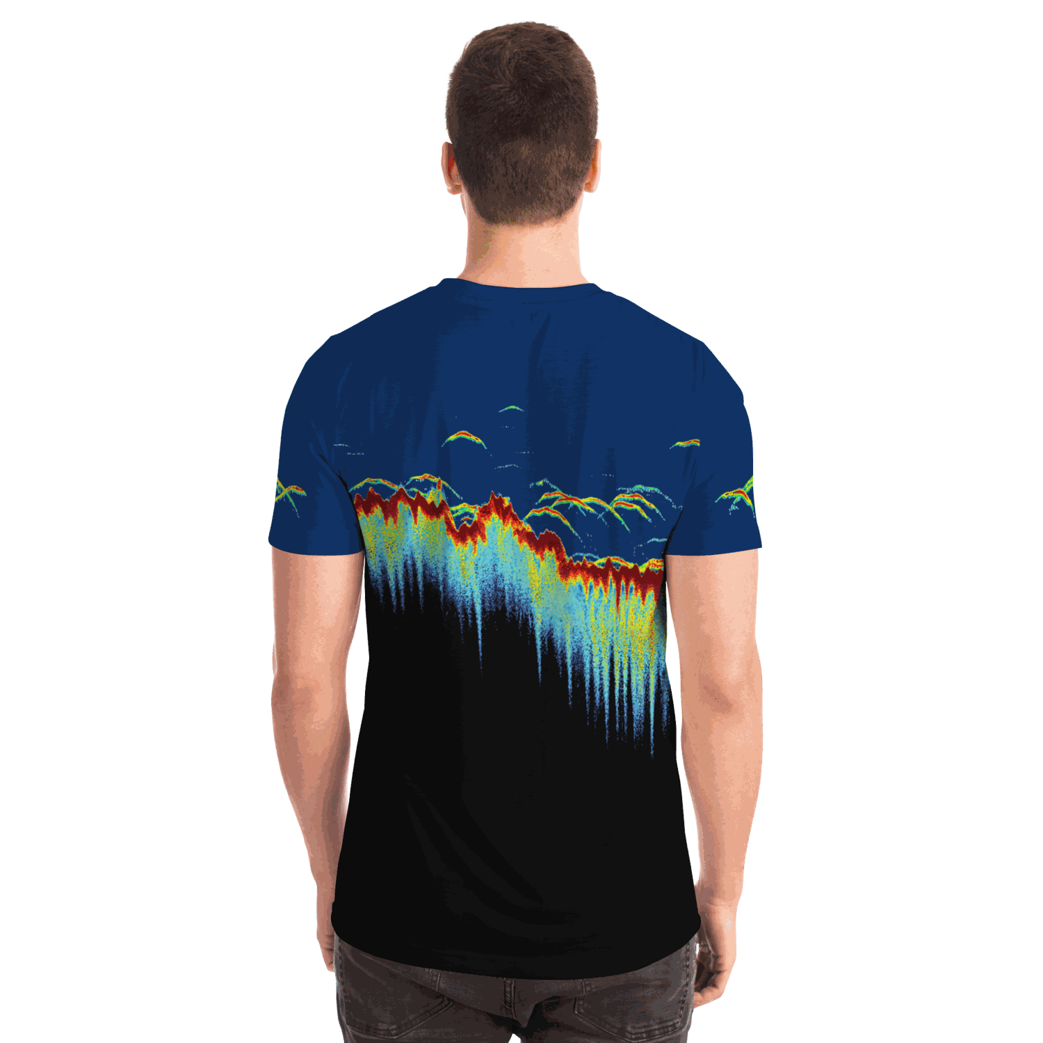 Back view of a model wearing a Sonar Scan Short Sleeve T-shirt, showcasing a vibrant sonar screen pattern.