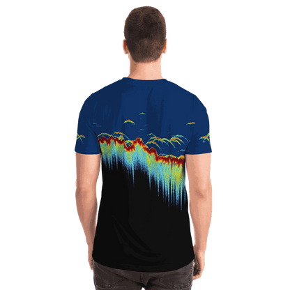 Back view of a model wearing a Sonar Scan Short Sleeve T-shirt, showcasing a vibrant sonar screen pattern.