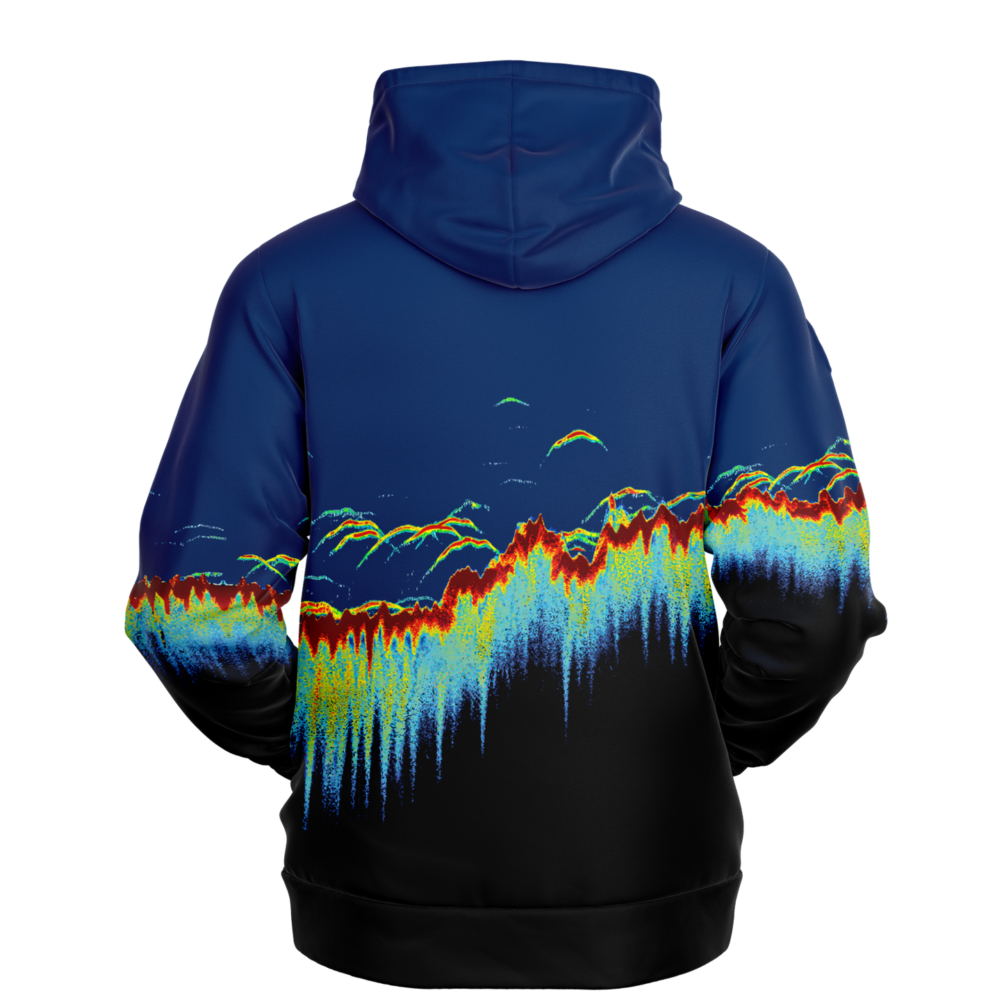 Introducing the Sonar Scan Pull Over Hoodie - Tri-Blend: a dynamic addition to your fishing wardrobe. This hoodie features an abstract design with vibrant colors resembling underwater fish movements or a digital soundwave. The top fades from dark blue to black, with bright green, yellow, red, and light blue accents cascading down.