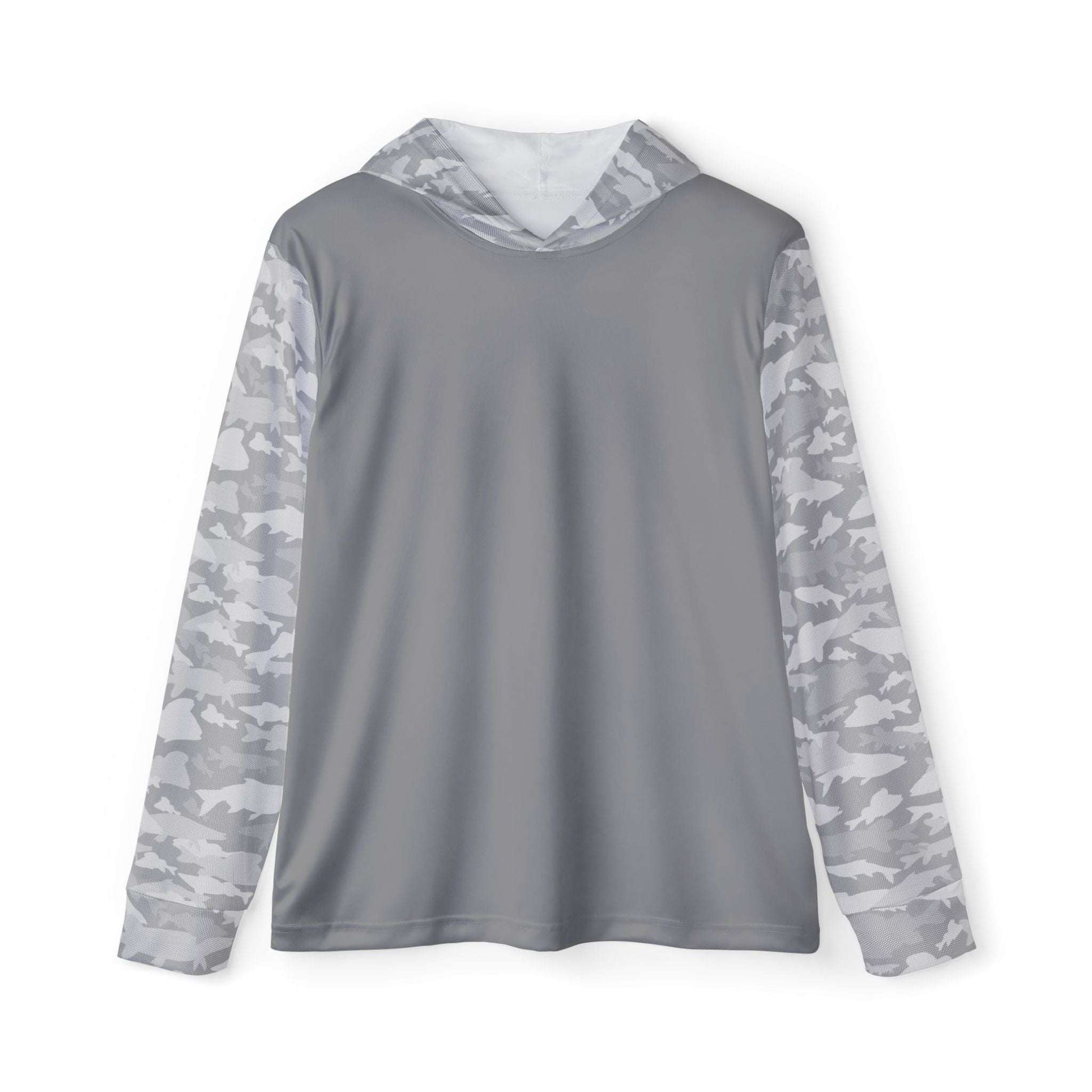 Introducing the CastAway Camo Sun Protection Hoodie UPF +50 in Light Grey, featuring camo-patterned sleeves and hood that contrast beautifully with its solid gray center. With a hood laid flat against the back, this long-sleeve shirt provides excellent UPF 50+ sun protection, making it a perfect choice for outdoor adventures.