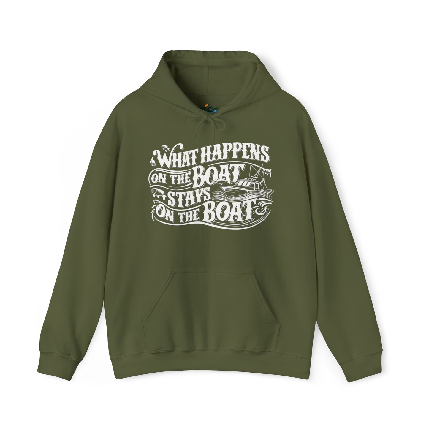 What Happens on the Boat, Stays on the Boat - Cotton/Poly Blend Hoodie - 7 Color Choices featuring white text that says "What Happens on the Boat Stays on the Boat" with fishing hooks and a boat illustration integrated into the design. The unisex hooded sweatshirt has a front pocket and drawstring hood, perfect for those with an adventurous spirit.