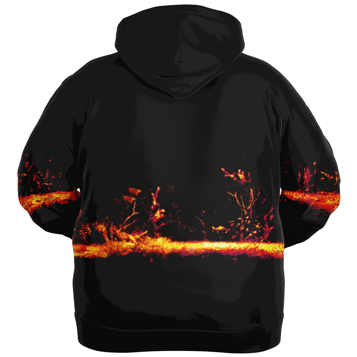 A person wearing the Sonar Live Plus-size Hoodie, a black pullover with a striking fiery red and orange abstract design on the back. This hoodie showcases a glowing, burning ember or fiery landscape that beautifully contrasts with its dark fabric.