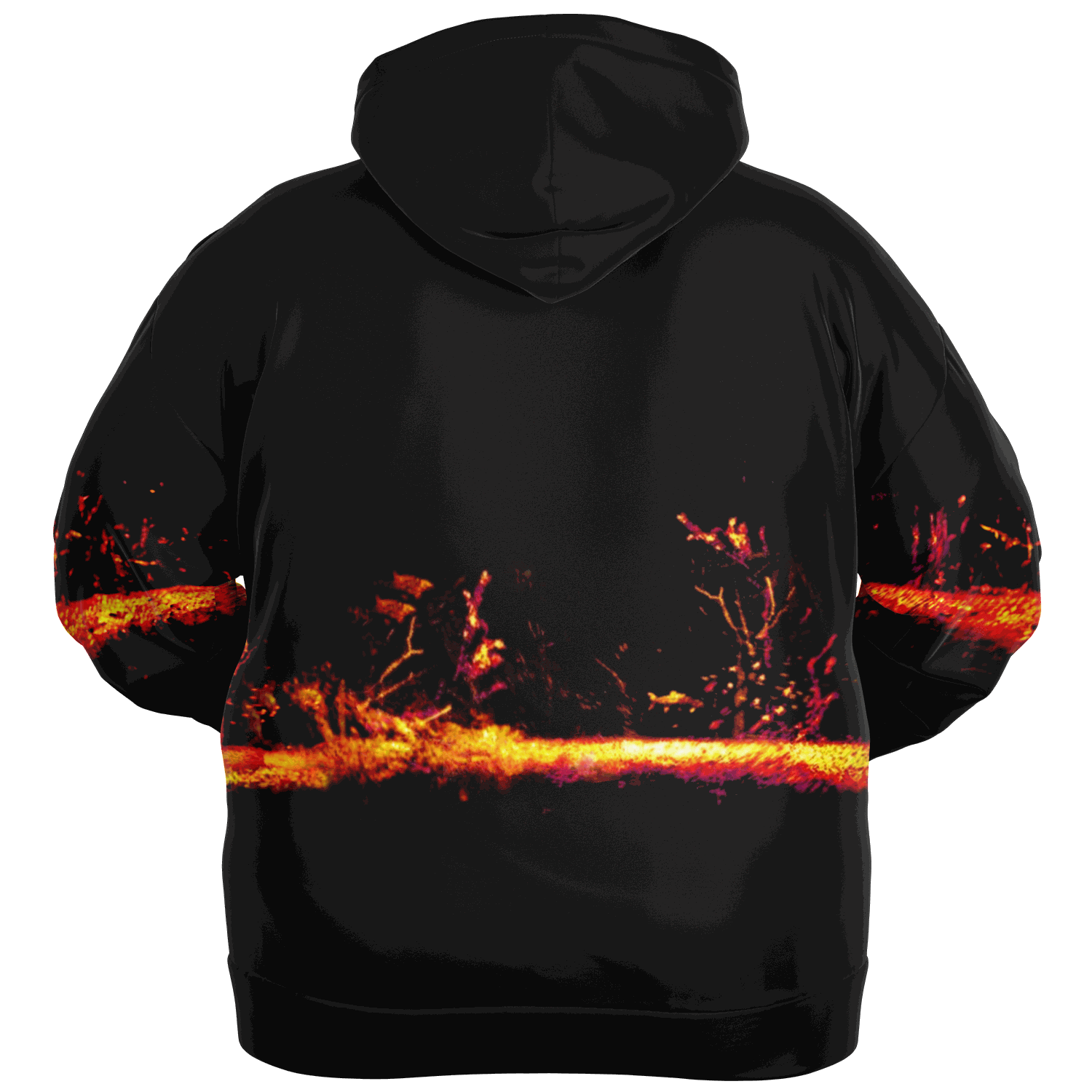 A person wearing the Sonar Live Plus-size Hoodie, a black pullover with a striking fiery red and orange abstract design on the back. This hoodie showcases a glowing, burning ember or fiery landscape that beautifully contrasts with its dark fabric.