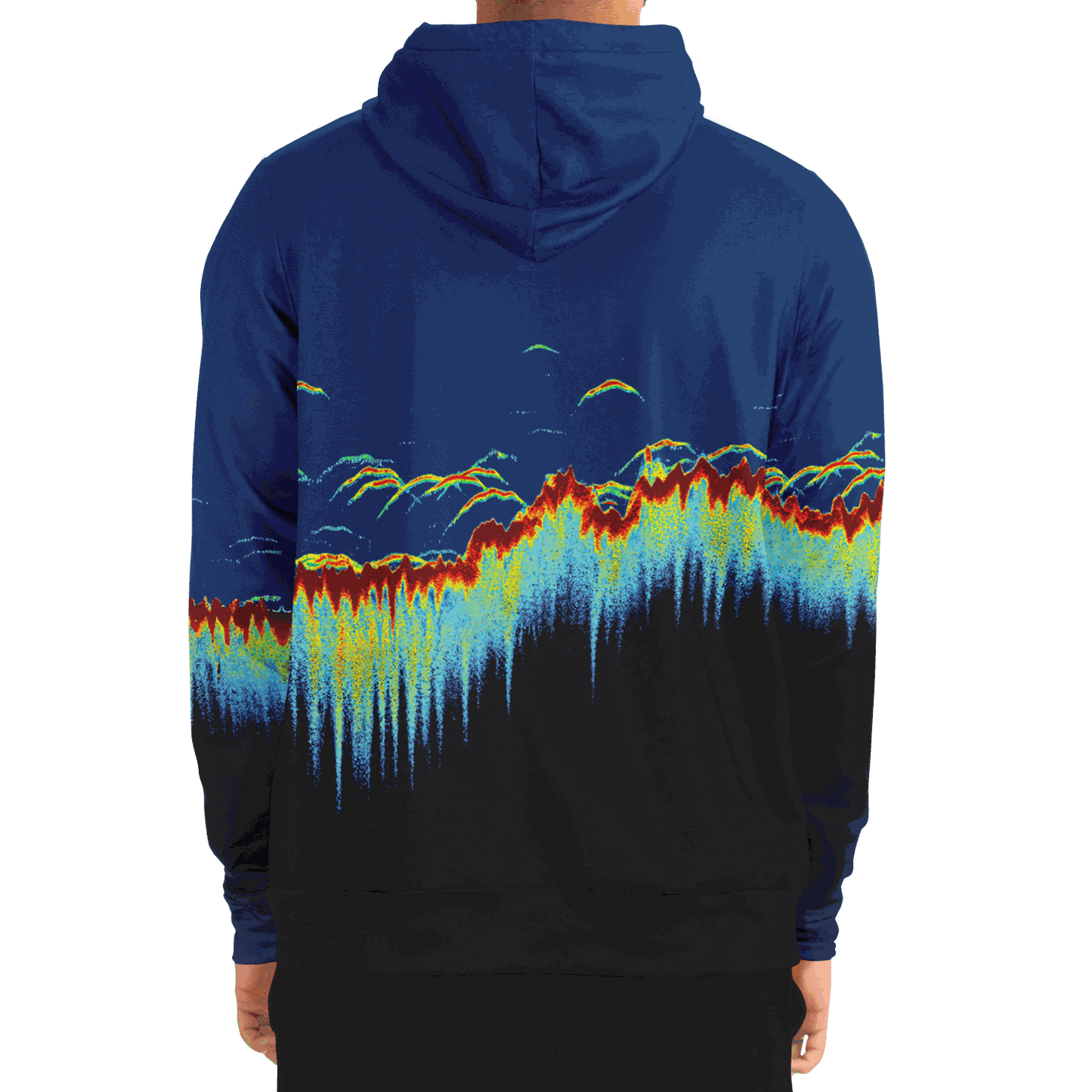 Blue and black zip-up hoodie with vibrant sonar screen pattern, featuring a drawstring hood and front pocket.