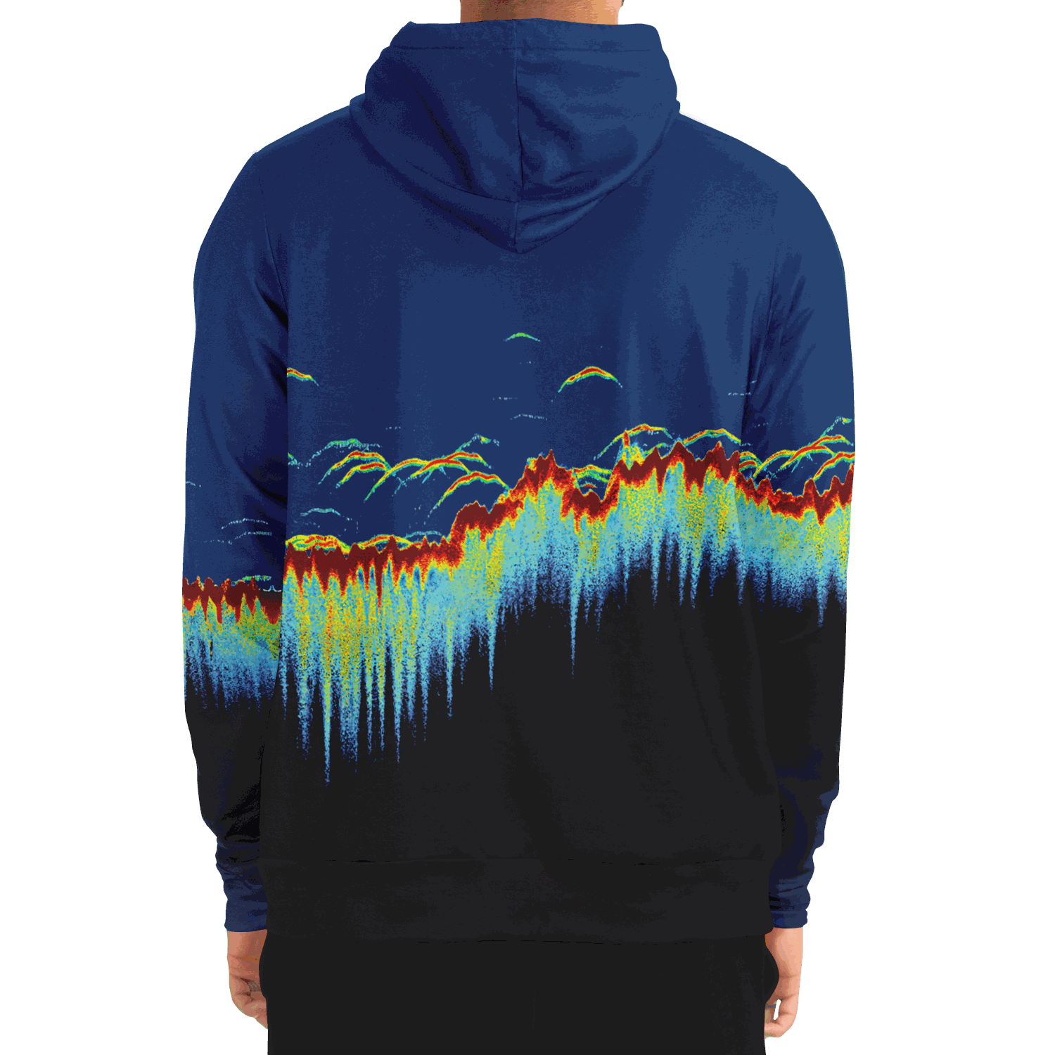 Blue and black zip-up hoodie with vibrant sonar screen pattern, featuring a drawstring hood and front pocket.