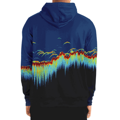 Blue and black zip-up hoodie with vibrant sonar screen pattern, featuring a drawstring hood and front pocket.