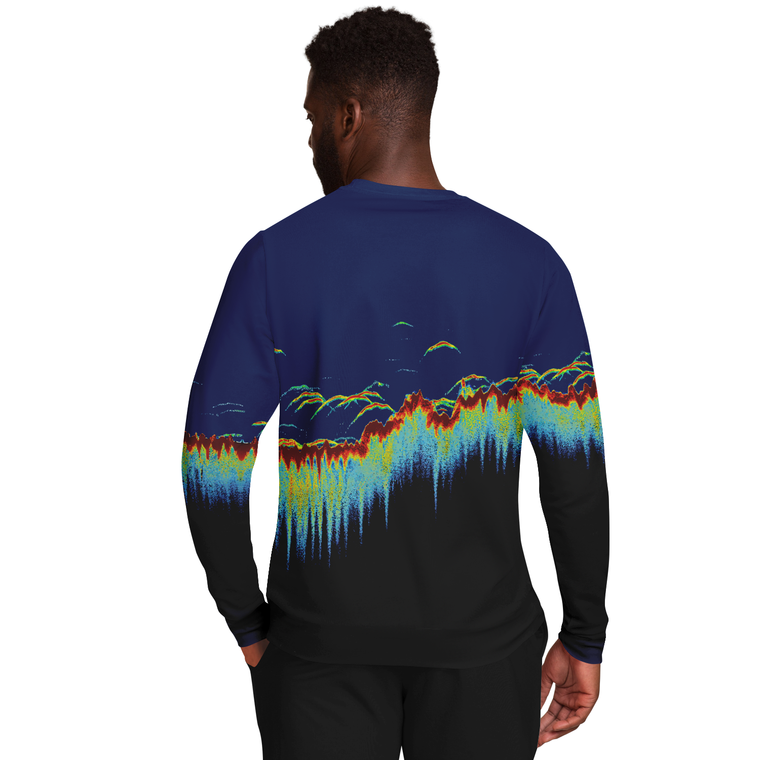 Sonar Scan Sweatshirt with vibrant sonar screen pattern and tri-blend fabric, ideal for fishing.