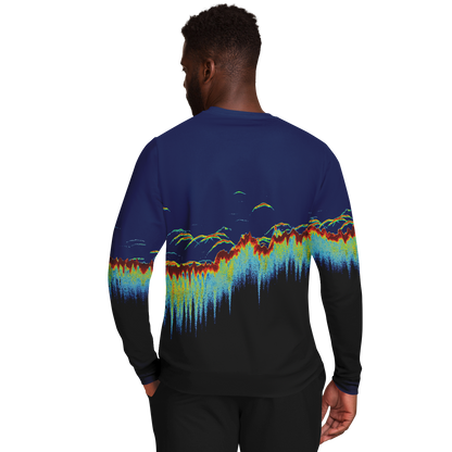 Sonar Scan Sweatshirt with vibrant sonar screen pattern and tri-blend fabric, ideal for fishing.