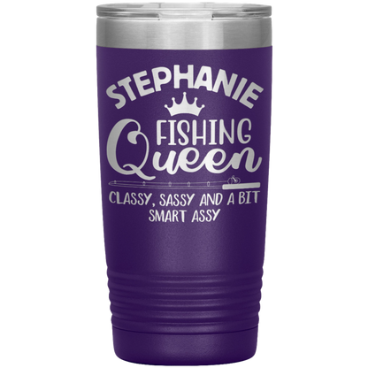 A purple, vacuum-insulated tumbler with a silver lid features the text "Stephanie Fishing Queen - Classy, Sassy and a Bit Smart Assy" in white, with a small fish icon beneath "Queen" and a crown above it. A red banner in the corner says “Personalize It!” making it the perfect Fishing Queen, Classy, Sassy and a bit Smart Assy - Personalized Laser Etched Tumbler - 20 oz.