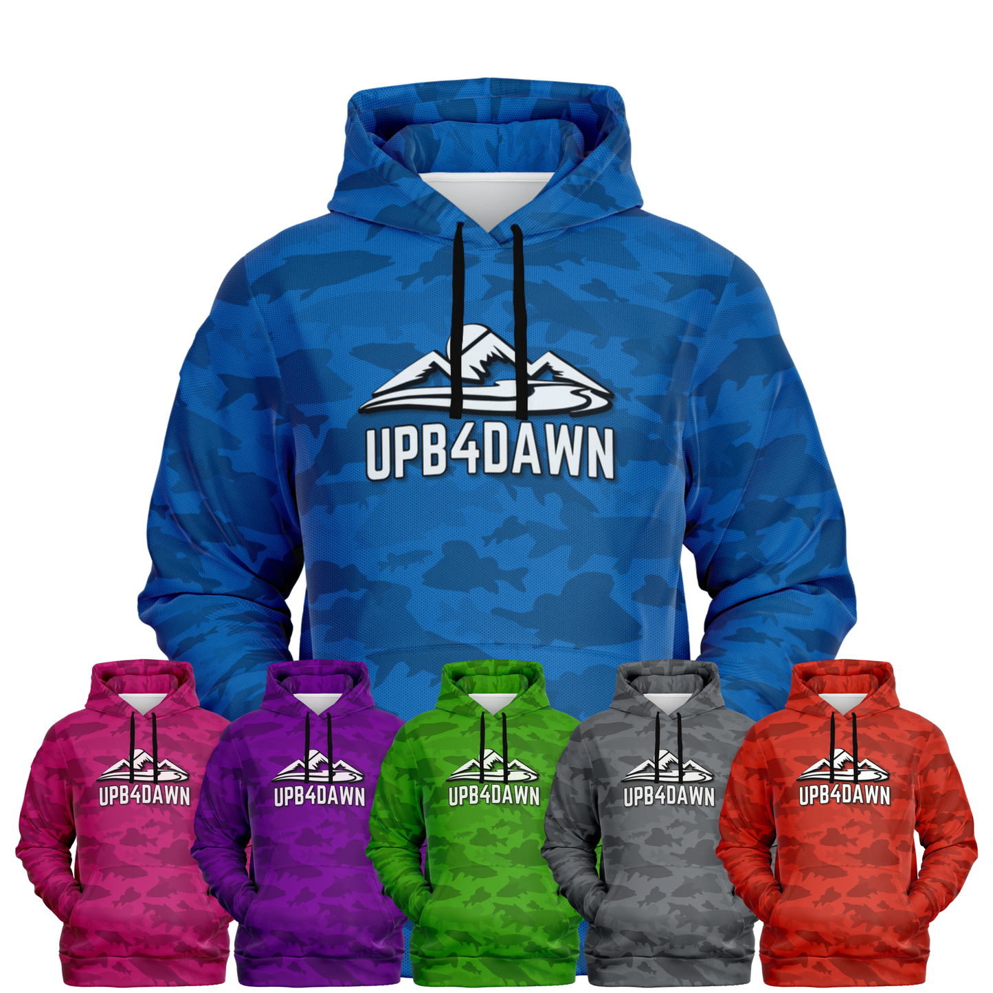 A collection of the Angler's Mirage Pull Over Hoodie in six different colors (blue, pink, purple, green, gray, red), each featuring a camouflage pattern and fleece lining. They display a mountain graphic along with the text "UPB4DAWN" on the front. The blue hoodie is prominently featured in the center with other colors arranged below it.