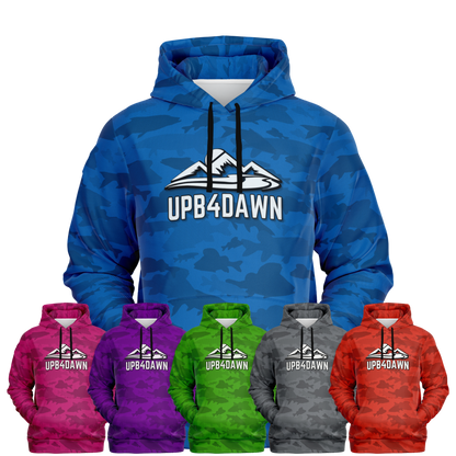 A collection of the Angler's Mirage Pull Over Hoodie in six different colors (blue, pink, purple, green, gray, red), each featuring a camouflage pattern and fleece lining. They display a mountain graphic along with the text "UPB4DAWN" on the front. The blue hoodie is prominently featured in the center with other colors arranged below it.