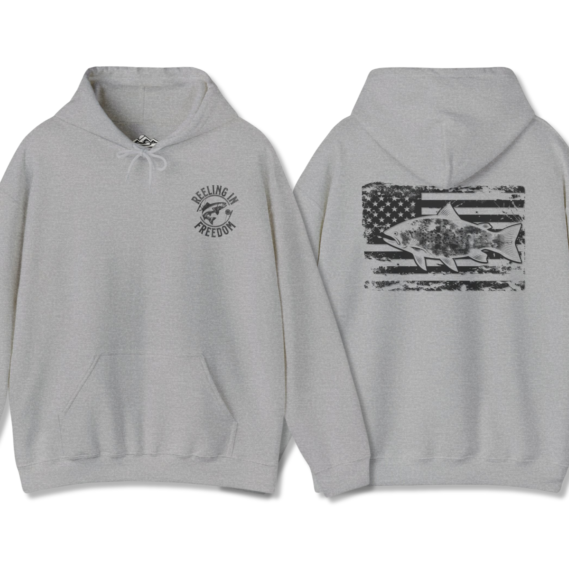 The Reeling In Freedom - Cotton/Poly Blend - Hoodie, ideal for any fishing enthusiast, is depicted from the front and back. The front showcases a small fish graphic accompanied by "Feeling of Freedom" text on the left chest, while the back prominently features a large fish graphic set against a distressed American flag design, celebrating American pride.